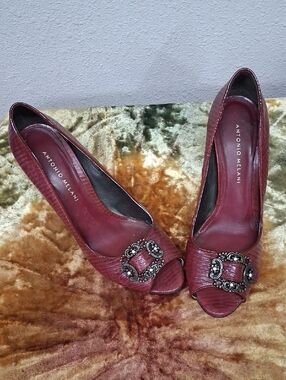 ANTONIO MELANI Women's Wine Red Peep-Toe Heels with Decorative Buckle